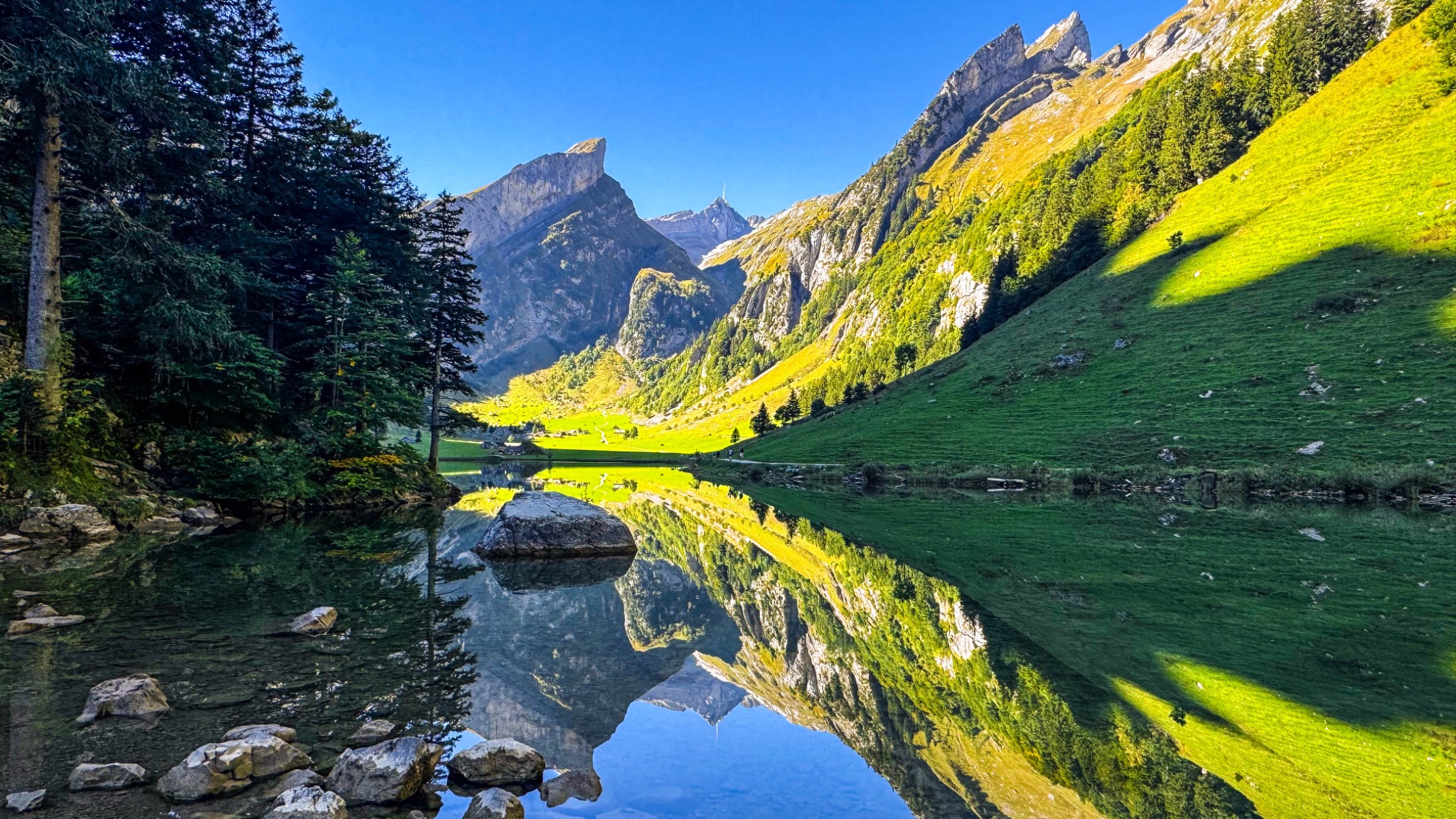 Seealpsee mit klarer Spiegelung zwischen Wald und grünen Berghängen