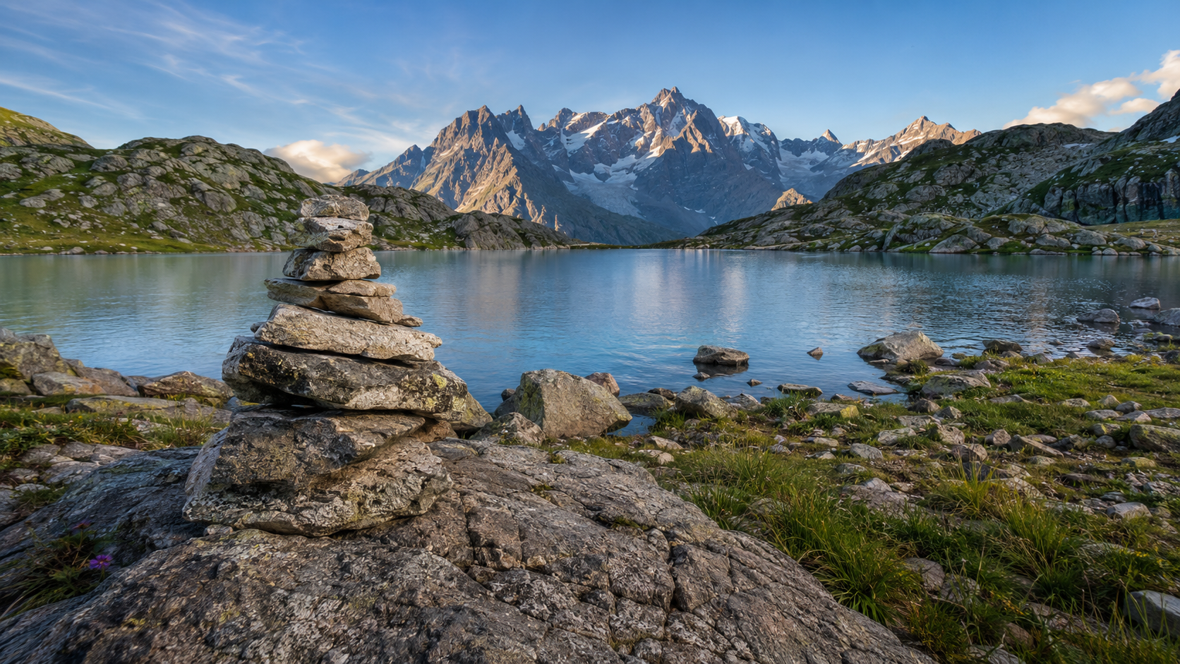 Weitläufige Alpenlandschaft mit durchgehend scharfem Fels, See und Gebirge