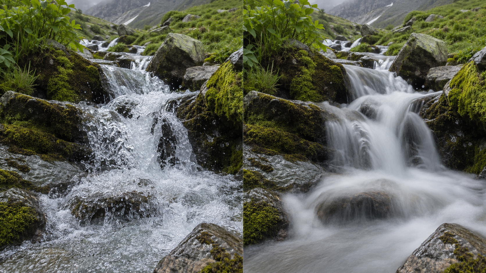 Ein Bergbach mit kurzer und langer Verschlusszeit: links eingefrorene Wassertropfen, rechts weich fliessendes Wasser