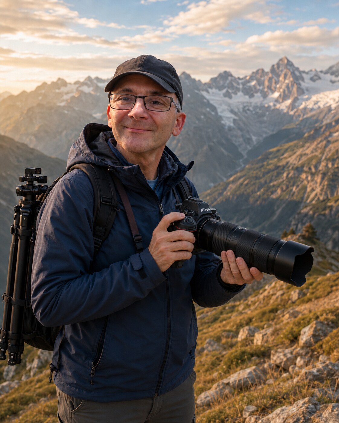 Urs Solenthaler als Landschaftsfotograf mit Nikon-Kamera in den Bergen