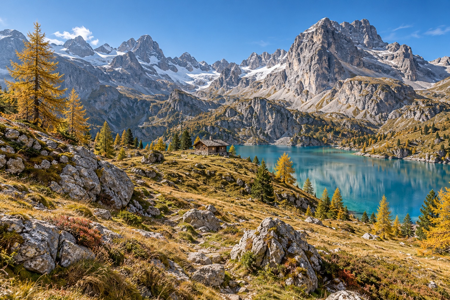 Künstliche Alpenlandschaft mit Bergsee und Hütte; der angezeigte Ausschnitt verändert sich mit der Brennweite.